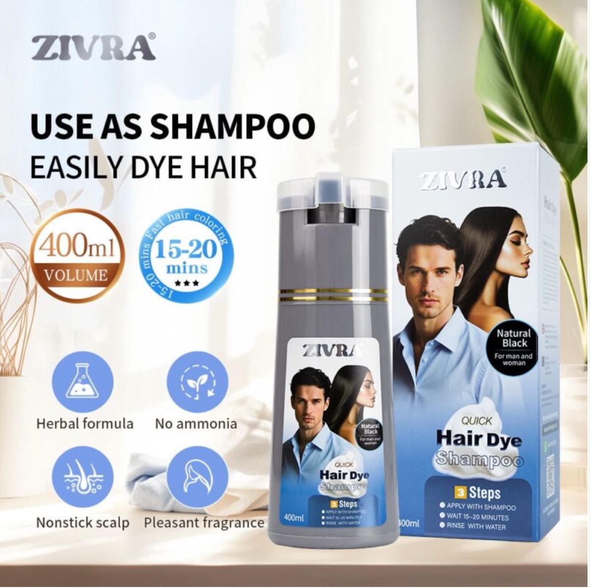 Natural Black & Dark Brown 400ml Instant Hair Color Shampoo | ZIVRA Hair Dye Shampoo For Men \& Women