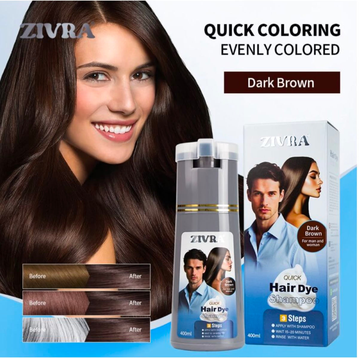 Natural Black & Dark Brown 400ml Instant Hair Color Shampoo | ZIVRA Hair Dye Shampoo For Men \& Women